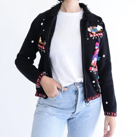 Vintage Karen Scott Sport  Petite Black Christmas Cardigan Petite Small - Picture 3 of 13